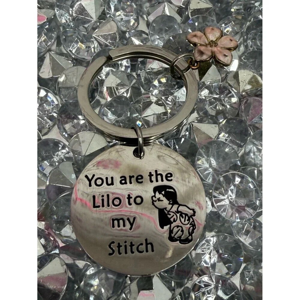 Disney keychain Silver Lilo & Stitch Round Keychain with Pink Flower Charm
